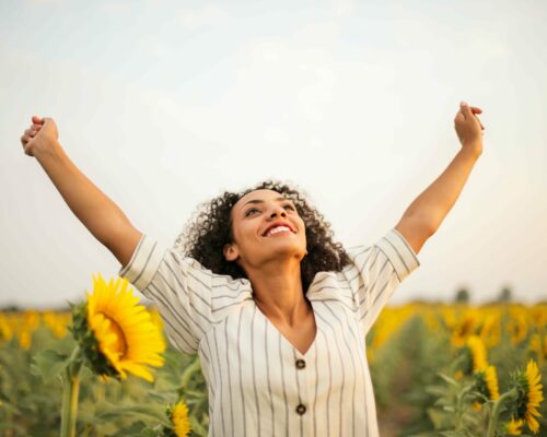 Frau im Sonnenblumenfeld Hände nach oben freut sich